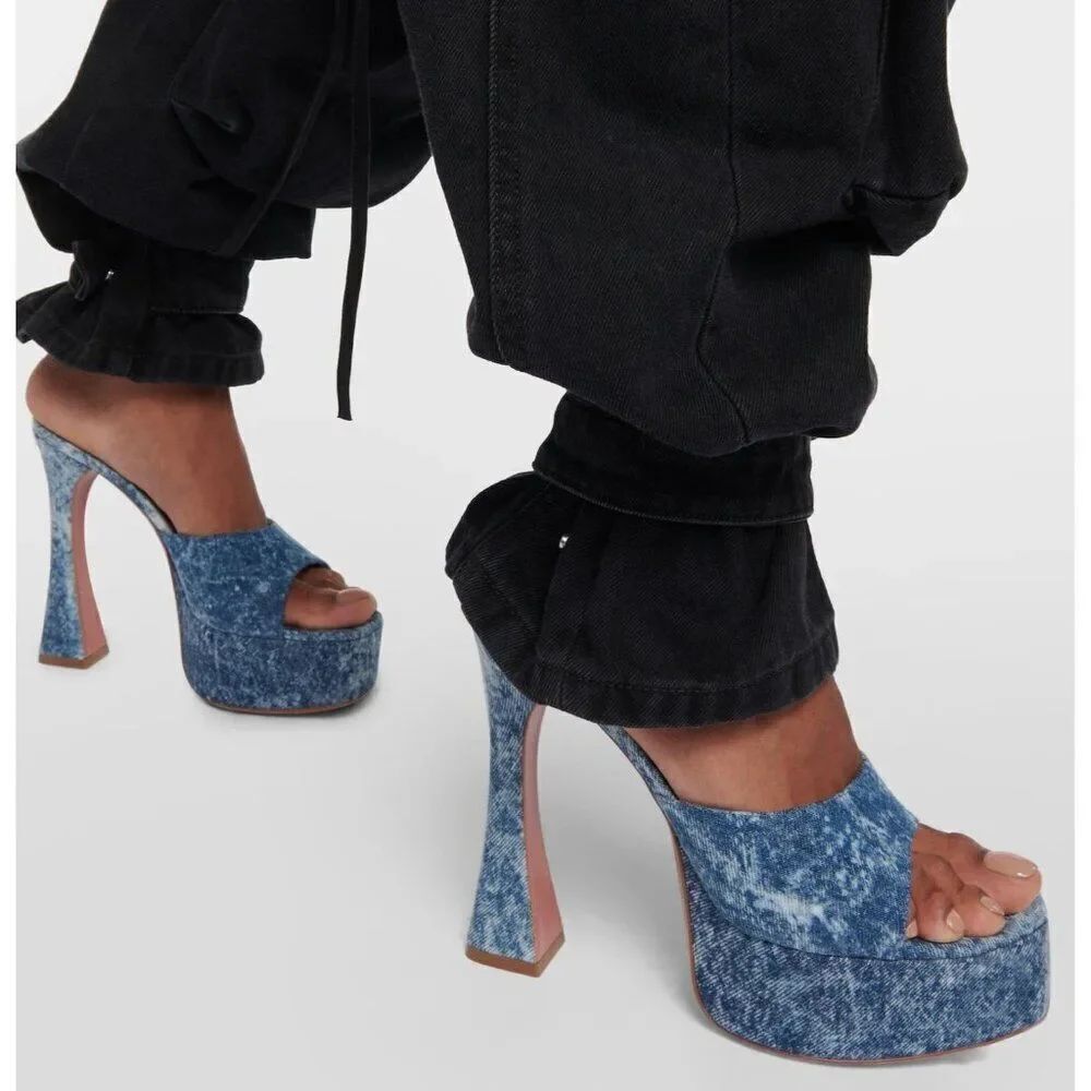 NEW AMINA MUADDI Dalida Blue Denim Square Open Toe Platform Pumps Size E…